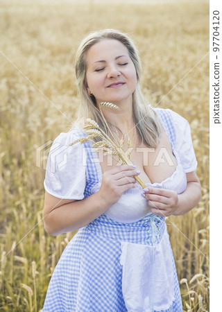 beautiful blonde holds spikelets in a wheat field beautiful blonde holds spikelets in a wheat field 97704120