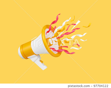 Loudspeaker with confetti 3d render - yellow and white megaphone banner for announcement or advertising message. Loudspeaker with confetti 3d render - yellow and white megaphone banner for announcement or advertising message. 97704122