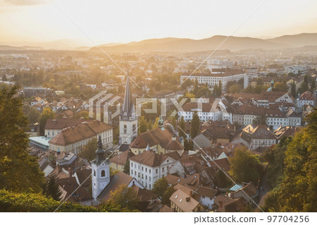 Autumn Ljubljana at sunset. Photo from a height 97704256