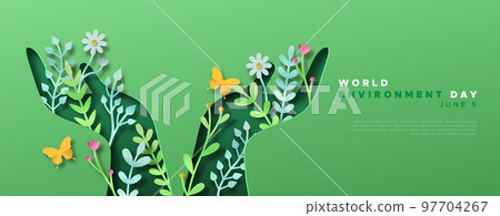 Environment Day green papercut hand web template 97704267