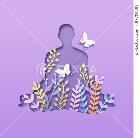 Paper cut yoga lotus pose nature leaf meditation 97704393