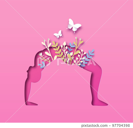 Paper cut yoga backbend pose nature leaf cutout Paper cut yoga backbend pose nature leaf cutout 97704398