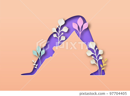 Paper cut yoga downward dog pose nature leaf 97704405