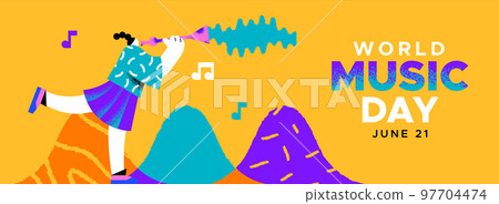 Music Day banner woman musician playing clarinet 97704474