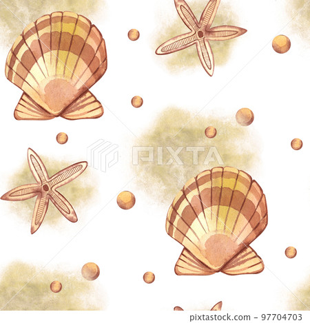 Pattern with sea shells. All elements are hand painted in watercolor. Starfish, pearls, scallop. For print, books, scrapbooking and design 97704703