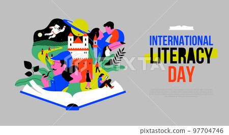 Literacy Day web template open book story people 97704746