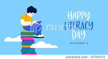 Literacy Day card cute kid reading book in sky 97704781