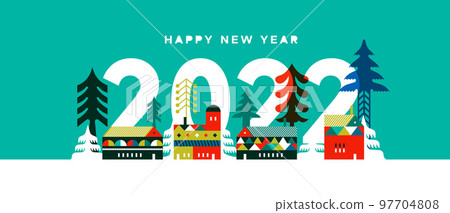 Happy new year 2022 Scandinavian winter city card 97704808