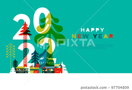 Happy New Year 2022 winter city card template 97704809