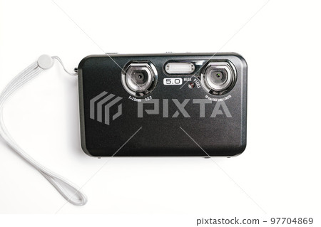 black stereoscopic camera on a white background. A camera with two lenses. black stereoscopic camera on a white background. A camera with two lenses. 97704869