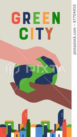Green city planet earth cartoon banner concept 97704958