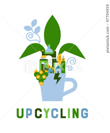 Upcycling broken cup city plant concept isolated Upcycling broken cup city plant concept isolated 97704959