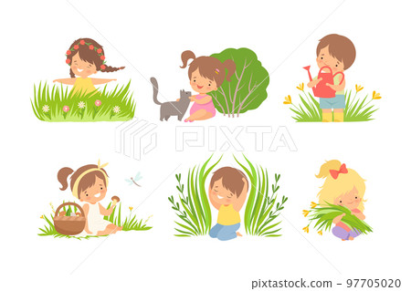 Cute Little Boy and Girl on Green Meadow Grass Vector Set 97705020