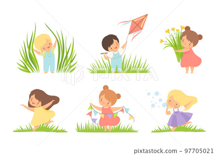 Cute Little Boy and Girl on Green Meadow Grass Vector Set 97705021