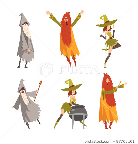 Man and Woman Sorcerer and Witch in Pointed Hat Practicing Wizardry and Witchcraft with Magic Wand and Cauldron Vector Set 97705101