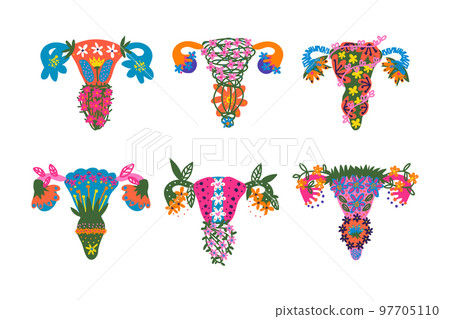 Uterus or Womb Arranged from Flowers and Plants as Healthy Female Reproductive System Organ Vector Set Uterus or Womb Arranged from Flowers and Plants as Healthy Female Reproductive System Organ Vector Set 97705110