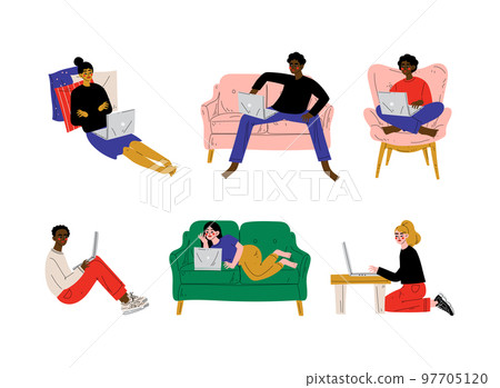 Young Man and Woman Freelancer with Laptop Working from Home Vector Set Young Man and Woman Freelancer with Laptop Working from Home Vector Set 97705120