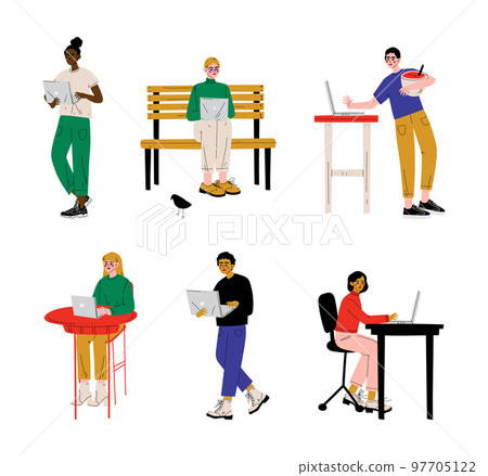 Young Man and Woman Freelancer with Laptop Working from Home Vector Set Young Man and Woman Freelancer with Laptop Working from Home Vector Set 97705122