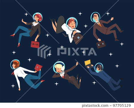 Business Man and Woman Characters in Suit and Astronaut Helmets Flying in Outer Space Among Stars Vector Set Business Man and Woman Characters in Suit and Astronaut Helmets Flying in Outer Space Among Stars Vector Set 97705129