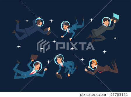 Business Man and Woman Characters in Suit and Astronaut Helmets Flying in Outer Space Among Stars Vector Set 97705131