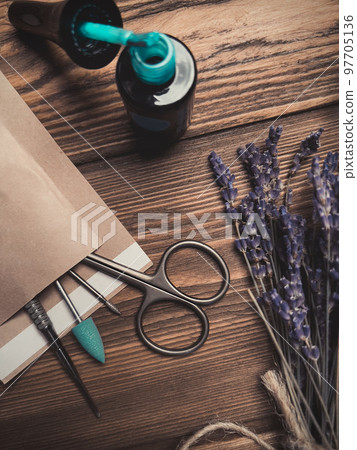 A set of sterile manicure tools in a craft package. Nail salon. A set of sterile manicure tools in a craft package. Nail salon. 97705136