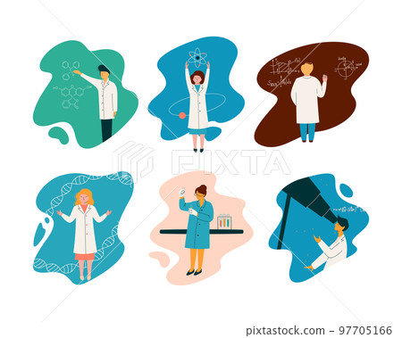 Man and Woman Scientist in Laboratory Coat Conducting Research and Investigation Vector Set Man and Woman Scientist in Laboratory Coat Conducting Research and Investigation Vector Set 97705166