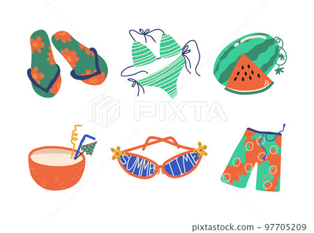 Summer Holiday and Beach Resort Symbols with Flip Flops, Swimsuit, Watermelon, Coconut Cocktail, Sunglasses and Shorts Vector Set Summer Holiday and Beach Resort Symbols with Flip Flops, Swimsuit, Watermelon, Coconut Cocktail, Sunglasses and Shorts Vector Set 97705209