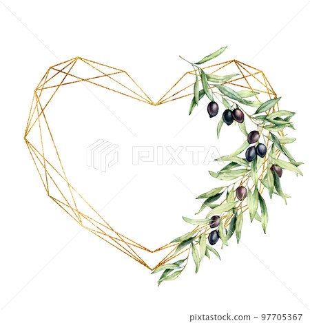 Watercolor polygonal golden heart with black olives and branches. Hand drawn frame with leaves and berries isolated on white background. Botanical illustration of love. Greeting template for design. 97705367