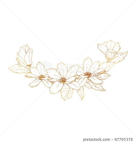 Watercolor golden magnolias border. Hand painted floral card with flowers, leaves, branch and buds isolated on white background. Spring line art illustration for design, print, fabric or background. 97705378
