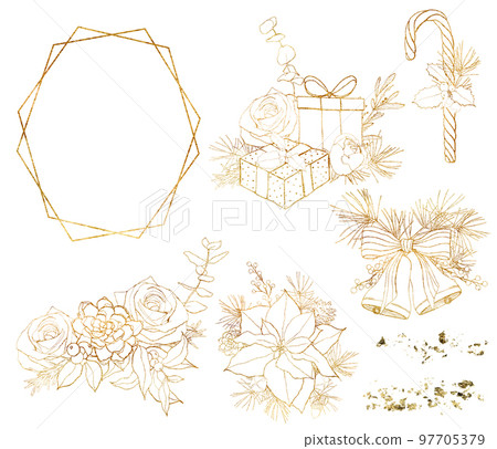 Watercolor Christmas linear set, golden symbols. Hand painted frame, poinsettia, roses, gift boxes and bells isolated on white background. Holiday illustration for design, print, fabric or background. 97705379