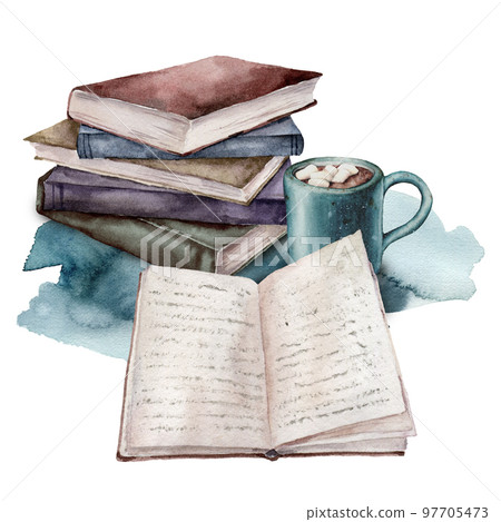 Watercolor card with vintage books and cup of coffee. Hand painted stack of books isolated on white background. Illustration for design, print, fabric or background. 97705473