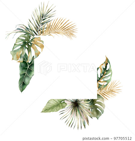 Watercolor frame with monstera and golden palm leaves. Hand painted tropical card with philodendron isolated on white background. Floral illustration for design, print or background. Summer template. Watercolor frame with monstera and golden palm leaves. Hand painted tropical card with philodendron isolated on white background. Floral illustration for design, print or background. Summer template. 97705512