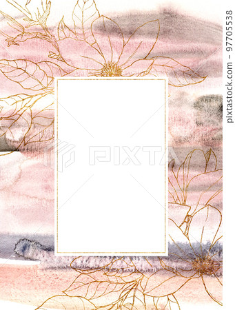 Watercolor line art vertical card with magnolia and leaves. Hand painted abstract frame with flowers, pink and blue texture. Floral golden illustration for design, print, fabric or background. Watercolor line art vertical card with magnolia and leaves. Hand painted abstract frame with flowers, pink and blue texture. Floral golden illustration for design, print, fabric or background. 97705538