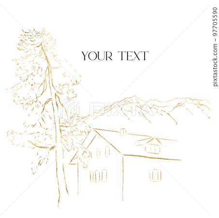 Watercolor minimalistic card wth golden mountains, house and tree. Hand painted linear composition on white background. Alps illustration for design, print, fabric or background. Watercolor minimalistic card wth golden mountains, house and tree. Hand painted linear composition on white background. Alps illustration for design, print, fabric or background. 97705590