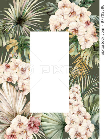 Watercolor floral card with orchids, monstera and palm golden leaves. Hand painted tropical flowers and monstera isolated on white background. Floral illustration for design, print or background. Watercolor floral card with orchids, monstera and palm golden leaves. Hand painted tropical flowers and monstera isolated on white background. Floral illustration for design, print or background. 97705596