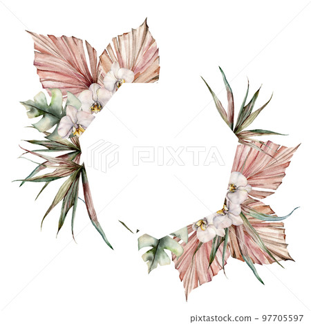 Watercolor wreath with white orchids and dry palm leaves. Hand painted tropical card with flowers and branches isolated on white background. Floral illustration for design, print, background. Watercolor wreath with white orchids and dry palm leaves. Hand painted tropical card with flowers and branches isolated on white background. Floral illustration for design, print, background. 97705597