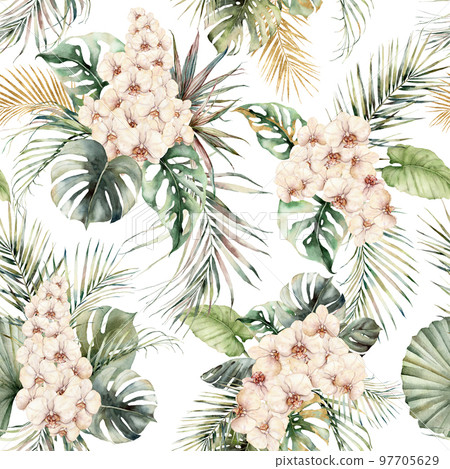 Watercolor seamless pattern with orchids, monstera and coconut golden leaves. Hand painted tropical flowers isolated on white background. Floral illustration for design, print or background. 97705629