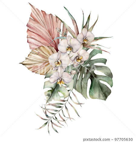 Watercolor bouquet with orchid, monstera, eucalyptus branch and dry leaves. Hand painted tropical card with flowers isolated on white background. Floral illustration for design, print or background. 97705630