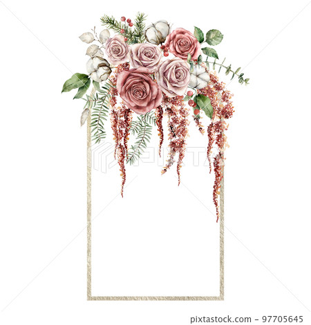 Watercolor Christmas gold frame with pink roses, cotton and fir branches. Hand painted holiday card with flowers and leaves isolated on white background. Illustration for design, print or background. Watercolor Christmas gold frame with pink roses, cotton and fir branches. Hand painted holiday card with flowers and leaves isolated on white background. Illustration for design, print or background. 97705645