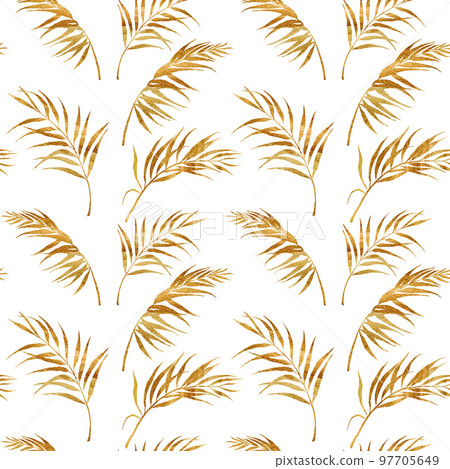 Watercolor tropical seamless pattern with coconut leaves. Hand painted exotic golden leaves isolated on white background. Floral spring illustration for design, print, fabric or background. Watercolor tropical seamless pattern with coconut leaves. Hand painted exotic golden leaves isolated on white background. Floral spring illustration for design, print, fabric or background. 97705649
