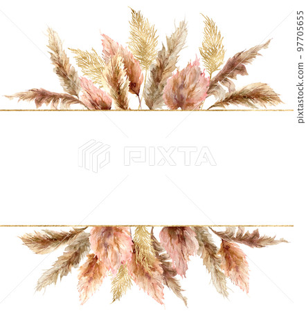 Watercolor tropical banner with dry pampas grass and gold textures. Hand painted exotic plant isolated on white background. Floral illustration for design, print, fabric or background. Watercolor tropical banner with dry pampas grass and gold textures. Hand painted exotic plant isolated on white background. Floral illustration for design, print, fabric or background. 97705655