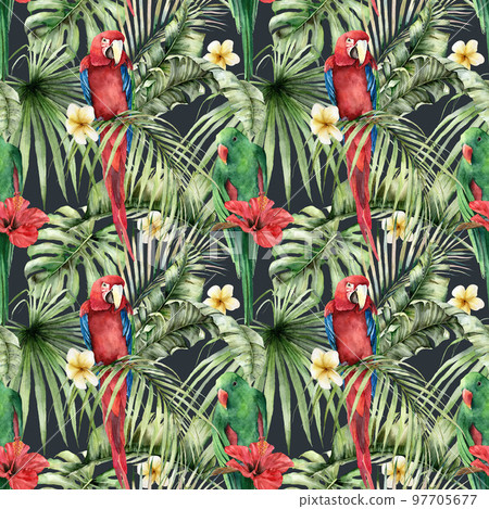 Watercolor tropical seamless pattern with parrots, plumeria and hibiscus. Hand painted birds, flowers and palm leaves. Floral illustration isolated on black background for design, print or background. Watercolor tropical seamless pattern with parrots, plumeria and hibiscus. Hand painted birds, flowers and palm leaves. Floral illustration isolated on black background for design, print or background. 97705677