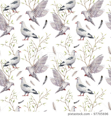 Watercolor seamless pattern with a white dove and branch. Hand painted pigeon bird and leaves isolated on white background. Easter illustration for design, print, fabric or background. Spring bird. Watercolor seamless pattern with a white dove and branch. Hand painted pigeon bird and leaves isolated on white background. Easter illustration for design, print, fabric or background. Spring bird. 97705696