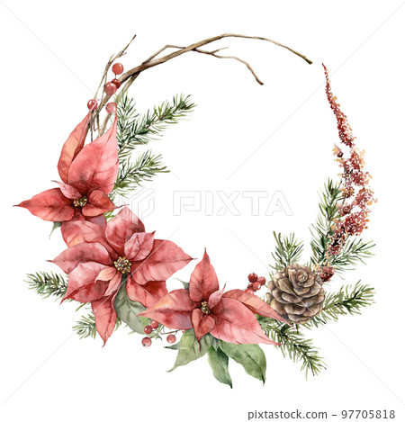 Watercolor Christmas wreath with poinsettia, pine cone and fir branches. Hand painted holiday card with flowers isolated on white background. Illustration for design, print, fabric or background. Watercolor Christmas wreath with poinsettia, pine cone and fir branches. Hand painted holiday card with flowers isolated on white background. Illustration for design, print, fabric or background. 97705818