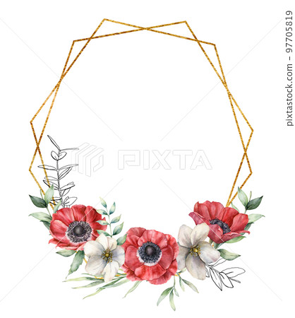 Watercolor golden polygonal frame with red and white anemones. Hand painted holiday flowers and leaves isolated on white background. Spring illustration for design, print, fabric or background. Watercolor golden polygonal frame with red and white anemones. Hand painted holiday flowers and leaves isolated on white background. Spring illustration for design, print, fabric or background. 97705819