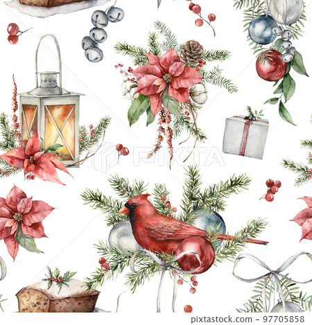 Watercolor Christmas seamless pattern with cardinal bird, lantern, poinsettia, cake and fir branches. Hand painted holiday illustration isolated on white background. For design, print, background. 97705858