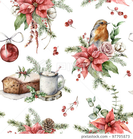 Watercolor Christmas seamless pattern with robin, poinsettia, roses, cake, cup and fir branches. Hand painted holiday illustration isolated on white background. For design, print, background. Watercolor Christmas seamless pattern with robin, poinsettia, roses, cake, cup and fir branches. Hand painted holiday illustration isolated on white background. For design, print, background. 97705873