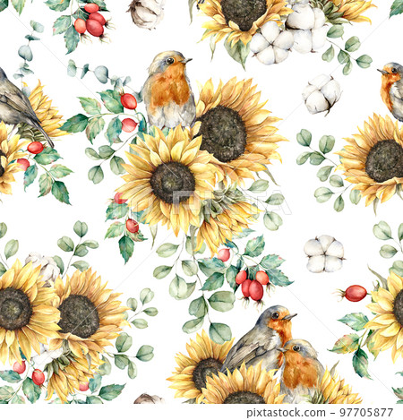 Watercolor autumn seamless pattern with robin redbreast, sunflowers, leaves and dogroses. Hand painted floral illustration isolated on white background. For design, print, fabric or background. Watercolor autumn seamless pattern with robin redbreast, sunflowers, leaves and dogroses. Hand painted floral illustration isolated on white background. For design, print, fabric or background. 97705877