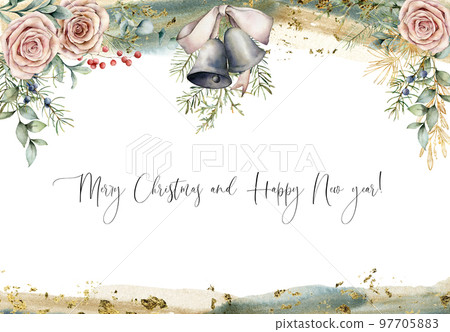 Watercolor Christmas card with golden plants and bells. Hand painted frame with flowers, berry, eucalyptus and roses isolated on white background. Floral illustration for design, print or background. 97705883
