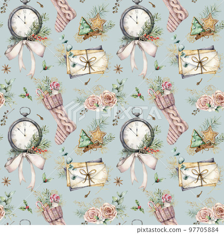 Watercolor Christmas seamless pattern with sock and clock. Hand painted fir branches, envelopes and cookies isolated on blue background. Holiday illustration for design, print, fabric or background. Watercolor Christmas seamless pattern with sock and clock. Hand painted fir branches, envelopes and cookies isolated on blue background. Holiday illustration for design, print, fabric or background. 97705884